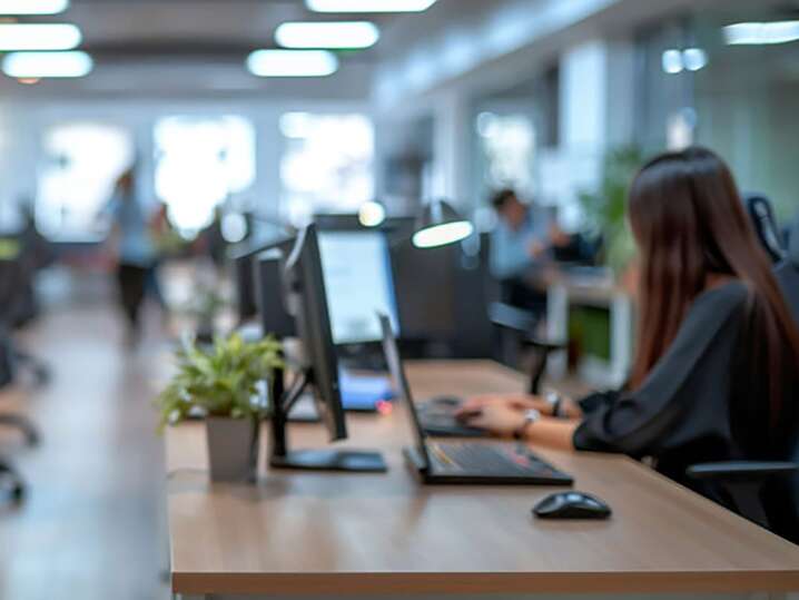 Ampio ufficio con scrivania in primo piano sulla destra e impiegati al lavoro